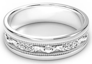 White Gold Claddagh Celtic Mens Wedding Band Ring