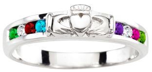Mother's Birthstone White Gold Claddagh Ring