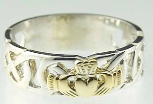 Mens 10K/14K/18K Two Tone Gold Celtic Claddagh Wedding Band Ring