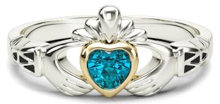 Ladies Aquamarine Silver Gold Claddagh Ring